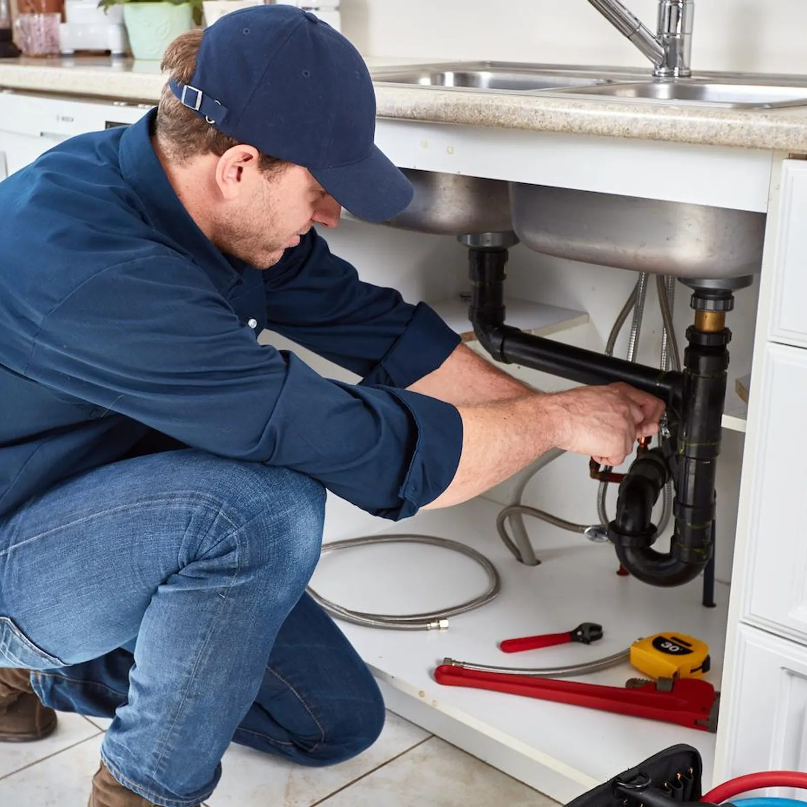 Plumber repairing pipes beneath a kitchen sink
